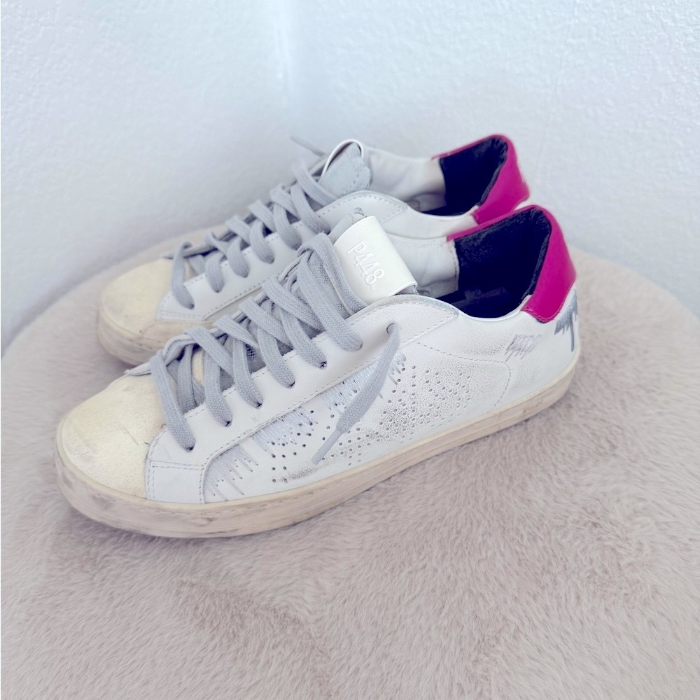 P448 White and Pink Distressed Sneakers